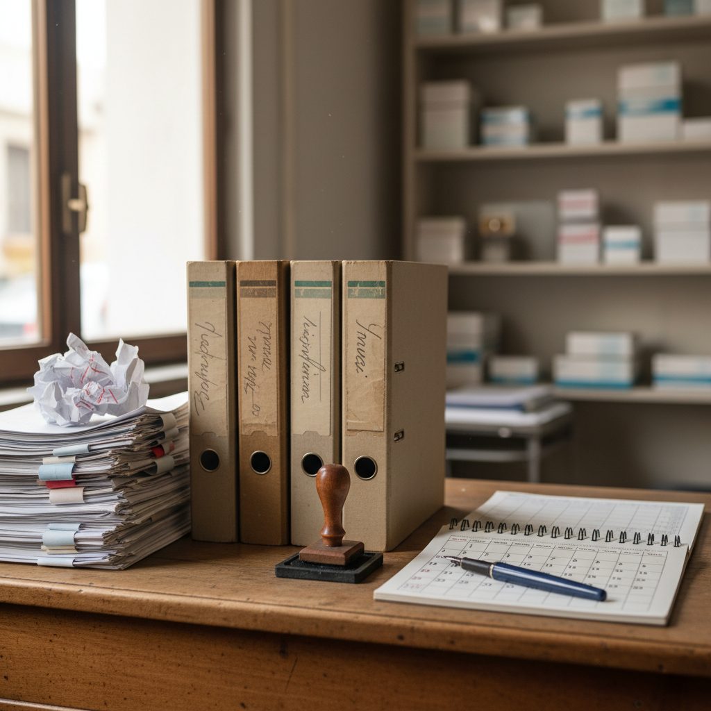 Scrivania del retro-negozio con prescrizioni mediche, faldoni delle pratiche e timbri